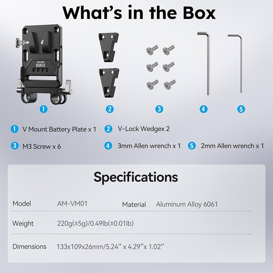 Plaque Batterie V-Mount SIRUI AM-VM01 | Double Pince 15mm | Compatible Universal