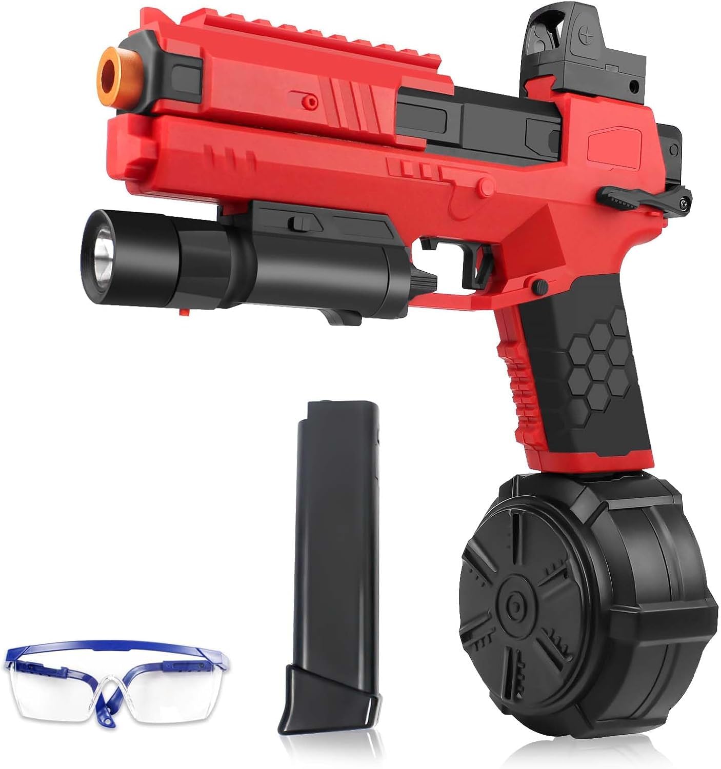 Photo 1 of Gel Ball Blaster Splatter X6 Full Auto Splatter Blaster with Drum Long Hopper Light and Goggles Electric Splat Blaster Splatter Ball Pistol for Outdoor New Upgrade Team Games Ages 14+ (RED)