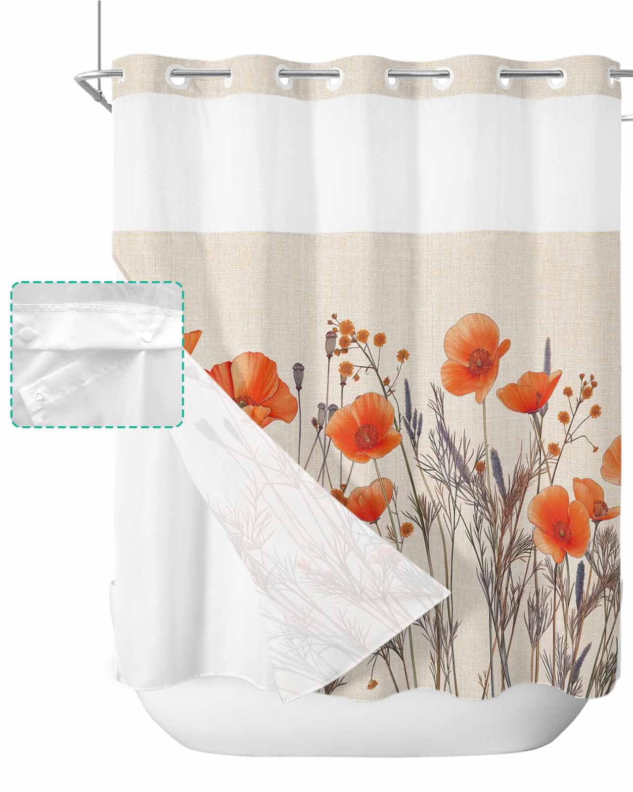 No Hook Shower Curtain with Snap in Fabric Liner,Orange Flower Farmhouse Leaves Shower Curtains for Bathroom,Nature Floral Plant Vintage Bath Curtain