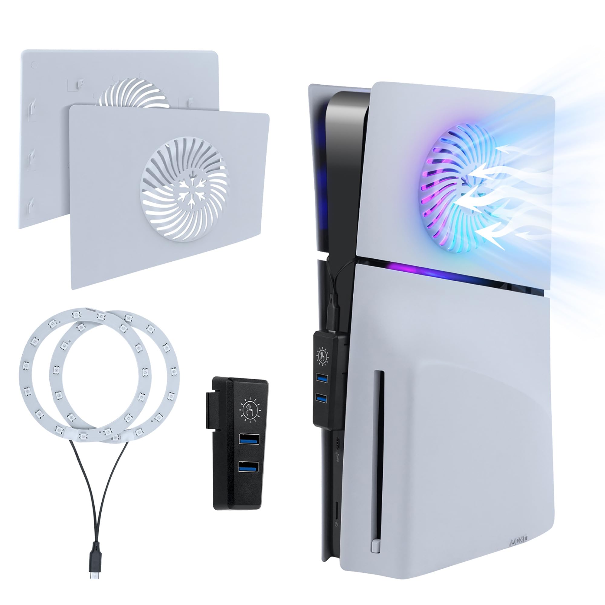 Mcbazel Tira de LED RGB con Placa Frontal de Reemplazo y Agujero de Refrigeración, Set de Accesorios con Hub USB para PS5 Slim Edición Disco/Digital – Blanco(No para PS5/PS5 Pro)