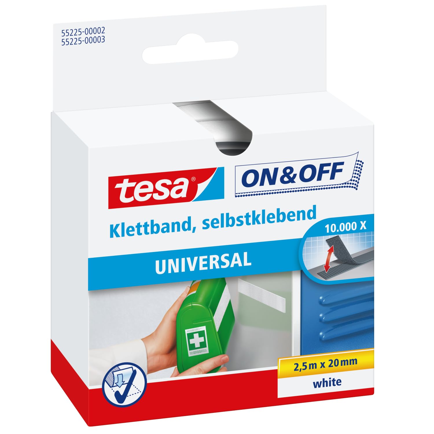 tesa On & Off Klettband zum Aufkleben - Selbstklebendes Klettklebeband zur Befestigung leichter Gegenstände - Weiß, 2 cm x 250 cm