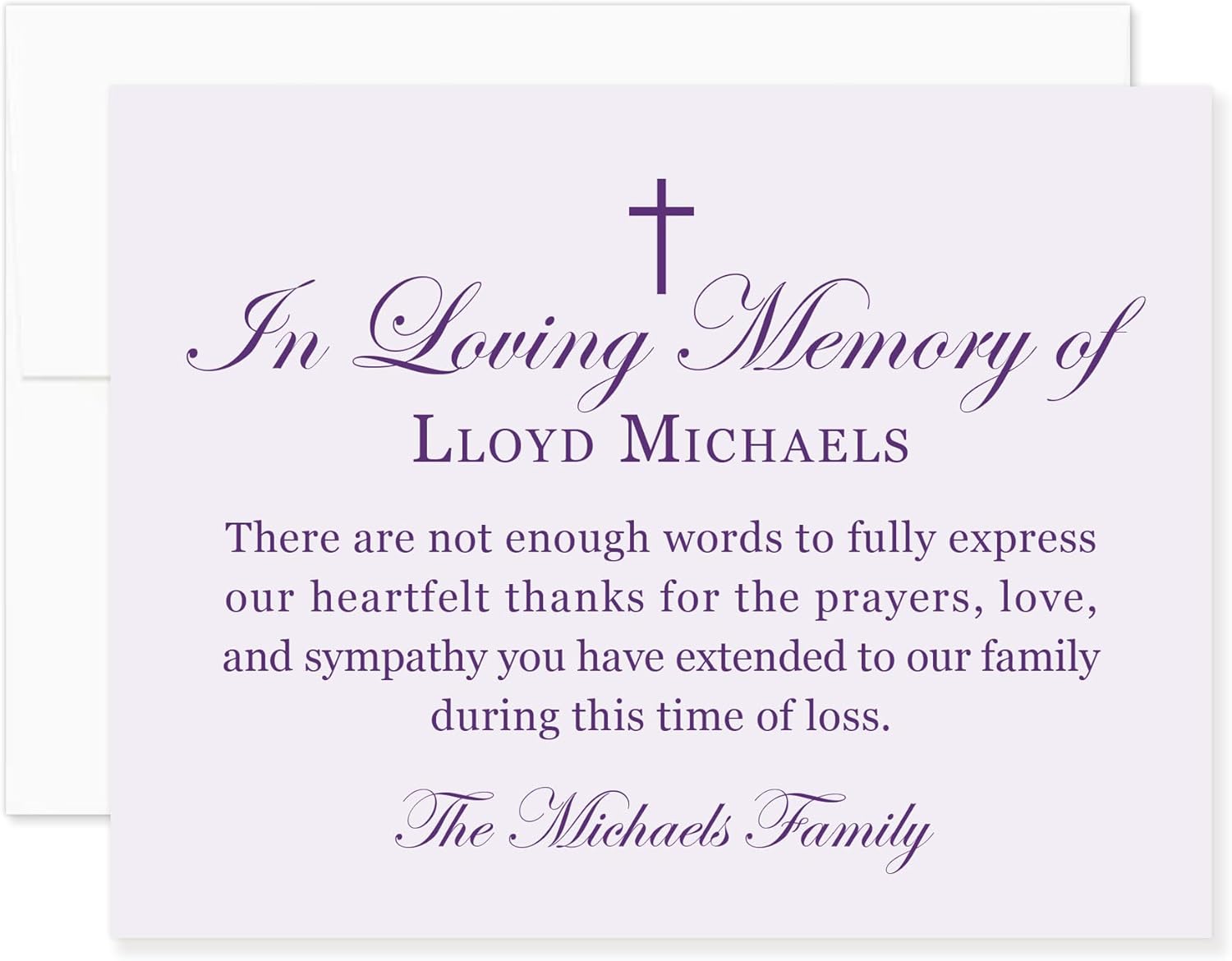 In Loving Memory Purple Personalized Funeral Thank You Cards, 5.5x4.25 Flat Sympathy Acknowledgement Cards with Cross (Purple)