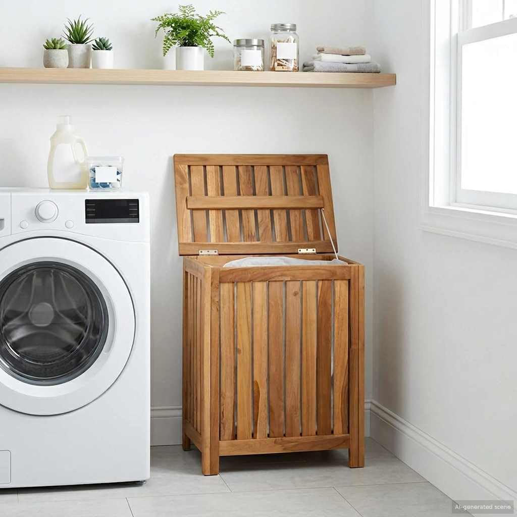 Wäschekorb Rechteckig 50 x 35 x 60 cm Massivholz Teak | Massives Teakholz, geschlitztes Muster für Belüftung, robuste Struktur, einfache Pflege mit feuchtem Tuch