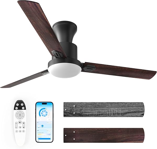 Obabala Ceiling Fans with Lights, Flush Mount Ceiling Fan with Light and Remote Control & APP Reversible Quiet Motor Dim