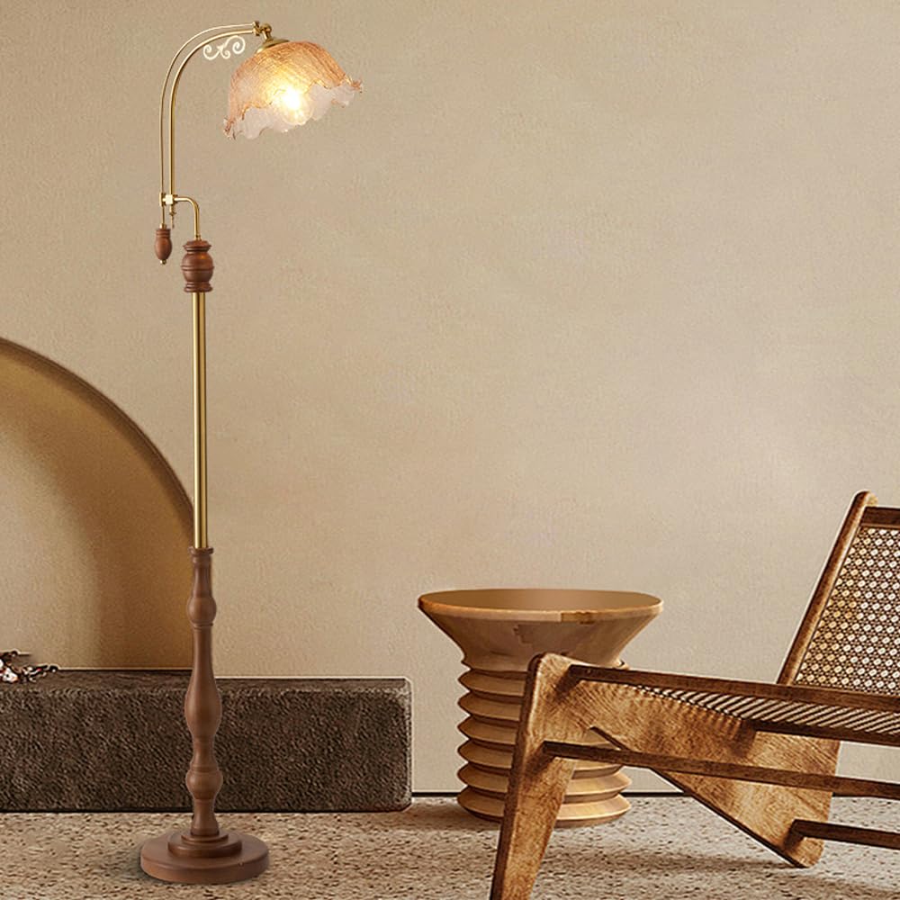 HGJHJJHK Contemporary Glass Floor Lamp 66.1" Arc Wooden Floor Light Walnut Tall Lamp with E26 Dimmable Flower Glass Standing Light for Sofa Area Living Room Bedroom Villa