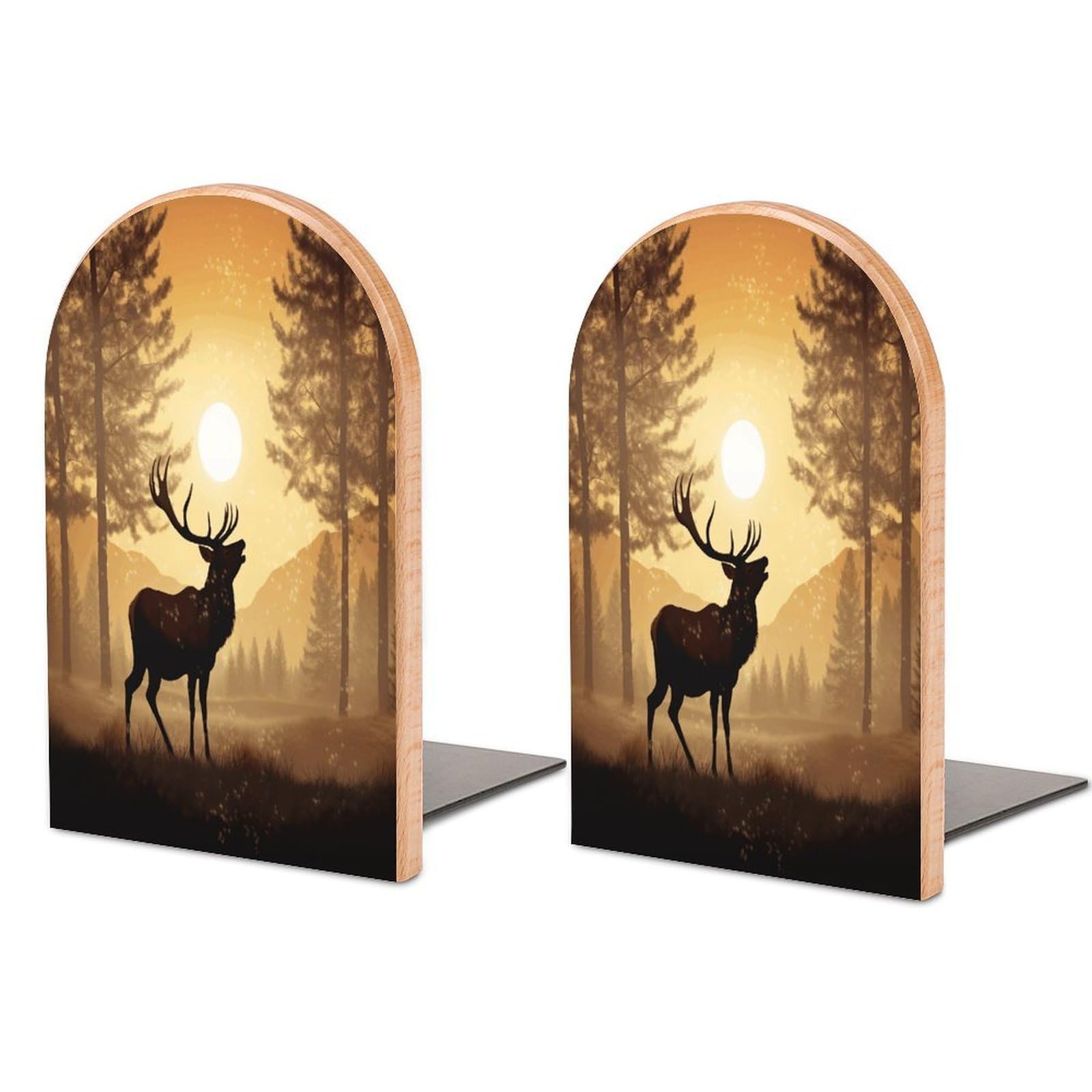 Elk Artwork Bookend Wood Book End for Shelves Heavy Duty Non-Slip Wooden Bookend Support Universal Economy Bookends Fancy Modern Decorative Book Accessories 1 Pairs