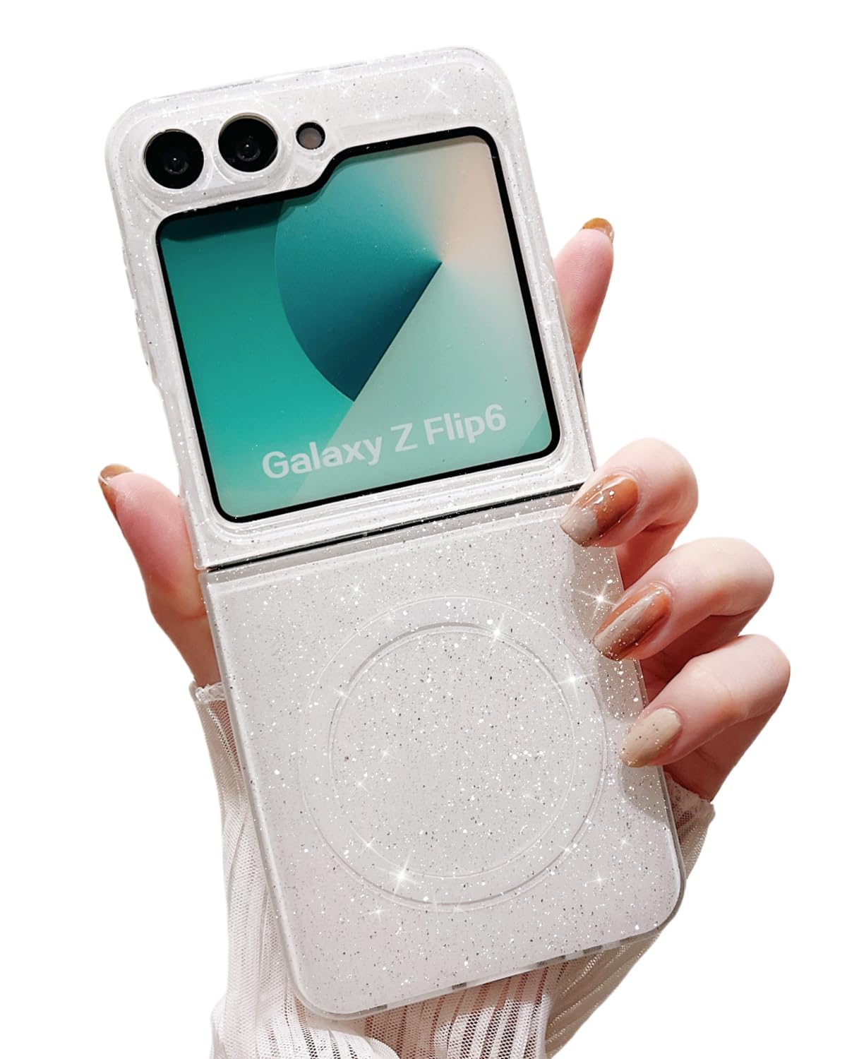 MINSCOSE for Samsung Galaxy Z Flip 6 Magnetic Neon Phone Case[Compatible with Magsafe],Cute Bling Glitter Thin Slim Shockproof Sparkly Cover for Women Girl for Samsung Flip 6 5G-White