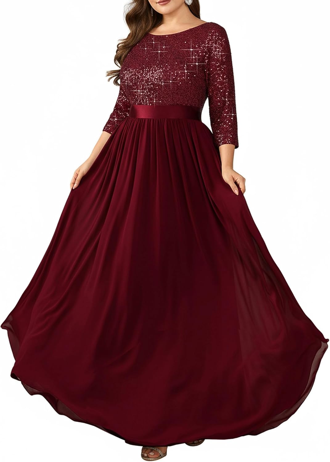 Ever-Pretty Plus Women's Sequin Chiffon Plus Size Formal Evening Dresses Long Sleeves Maxi A-Line Mother of Bride Dress