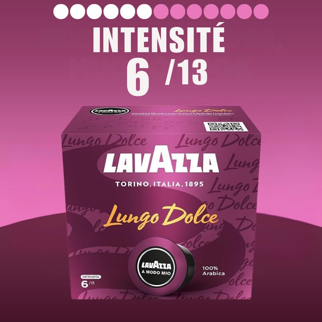 Lavazza, A Modo Mio Lungo Dolce, Cápsulas Monodosis de Café Molido, para un Espresso con Notas Aromáticas de Frutos Secos y Flores, 100% Arábica, Intensidad 6/13, Tueste Medio, Paquete de 16 Cápsulas