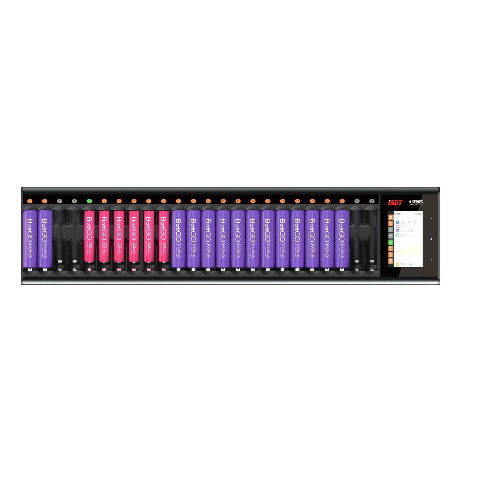 ISDT N24 - Cargador de batería Universal con Pantalla LCD, Cargador rápido para 24 baterías NI-MH NI-CD AA AAA Li-LON LiHv NI-MH NI-CD LiFePO4