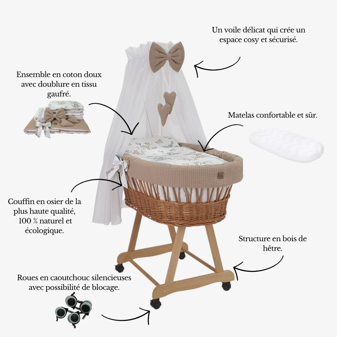 Wiklinopol Couffin Bébé avec Ciel de Lit – Berceau à roulettes en Osier avec Support – Ensemble Complet en Naturel avec 5 Pièces de Linge Nid d’Abeille Motif Safari Beige