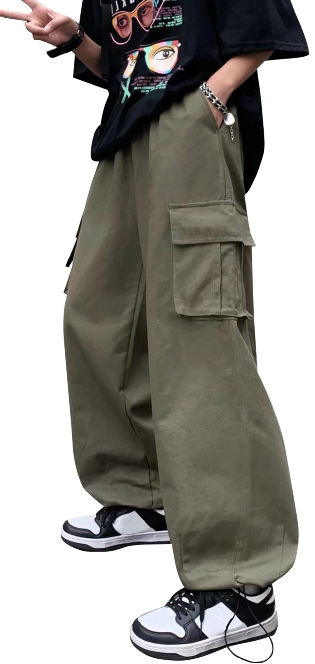 AIEOEMen's Cargo Work Trouser Straight-Fit Cotton Cargo Trouser Y2K Baggy Trouser with Adjustable Drawstring