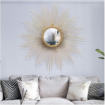 Sunburst wall mirror, large round metal Starburst decorative wall mirror, dining room, living room, hallway veranda decorative hanging mirrors,60cm [Energy Class A]