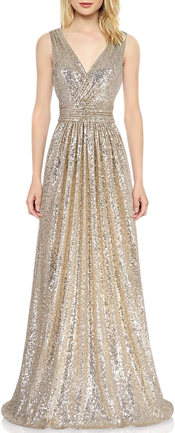 Kate Kasin Plus Size Long Sequined Bridesmaid Dress for Women Evening Party V-Neck Gold USA18W KK199-1