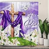 Wollmix Spring Easter Shower Curtains for Bathroom, He is Risen Jesus Floral Flowers Bath Bathtub Curtain Set Decor with 12 Hooks for Home Festival Holiday 72 x 72 inch