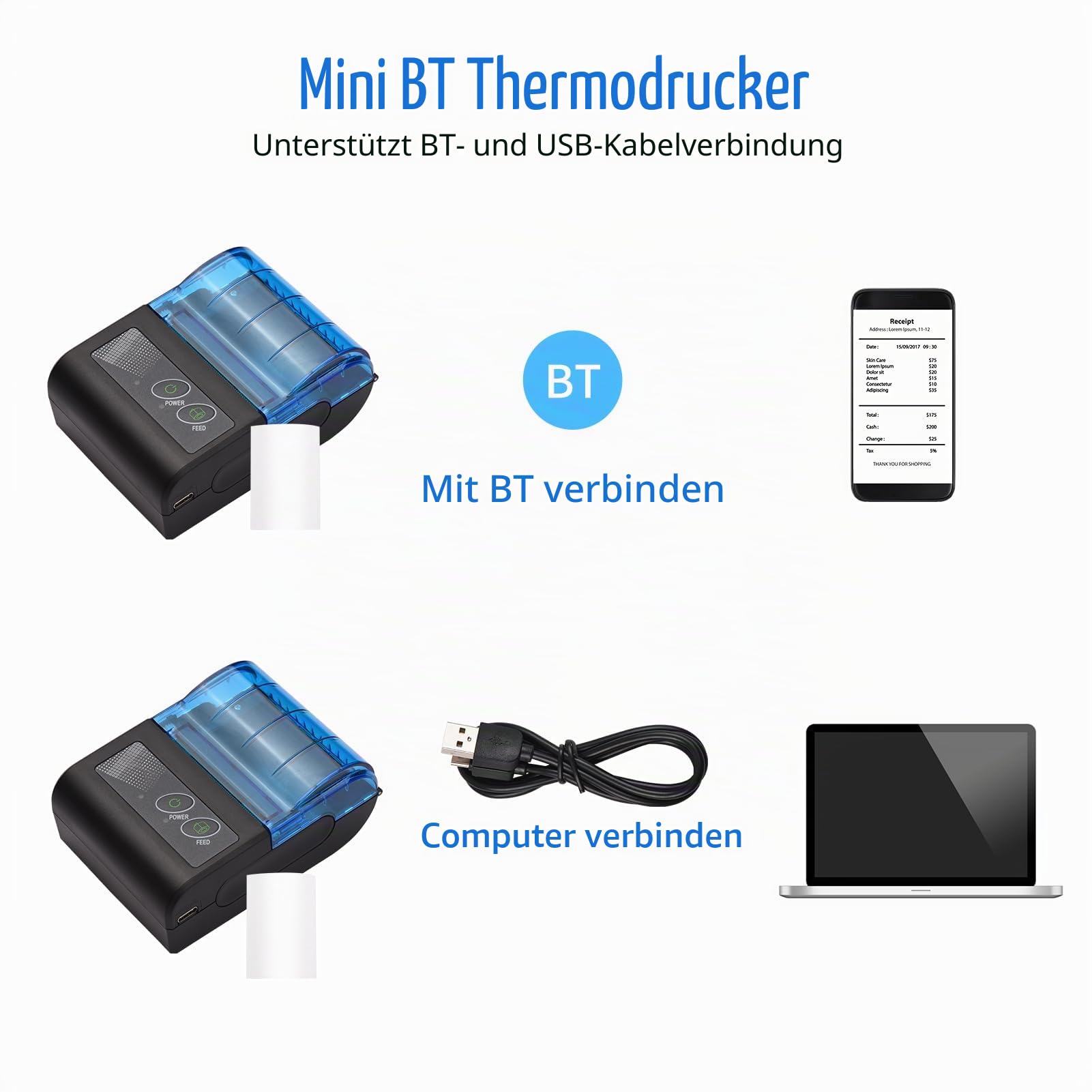 Thermodrucker, Mini-Thermobondrucker, Tragbarer USB Rechnungsdrucker Ticketdrucker mit 58-mm-Papierrolle, Kompatibel mit Android und, für Einzelhandel und Gastronomie