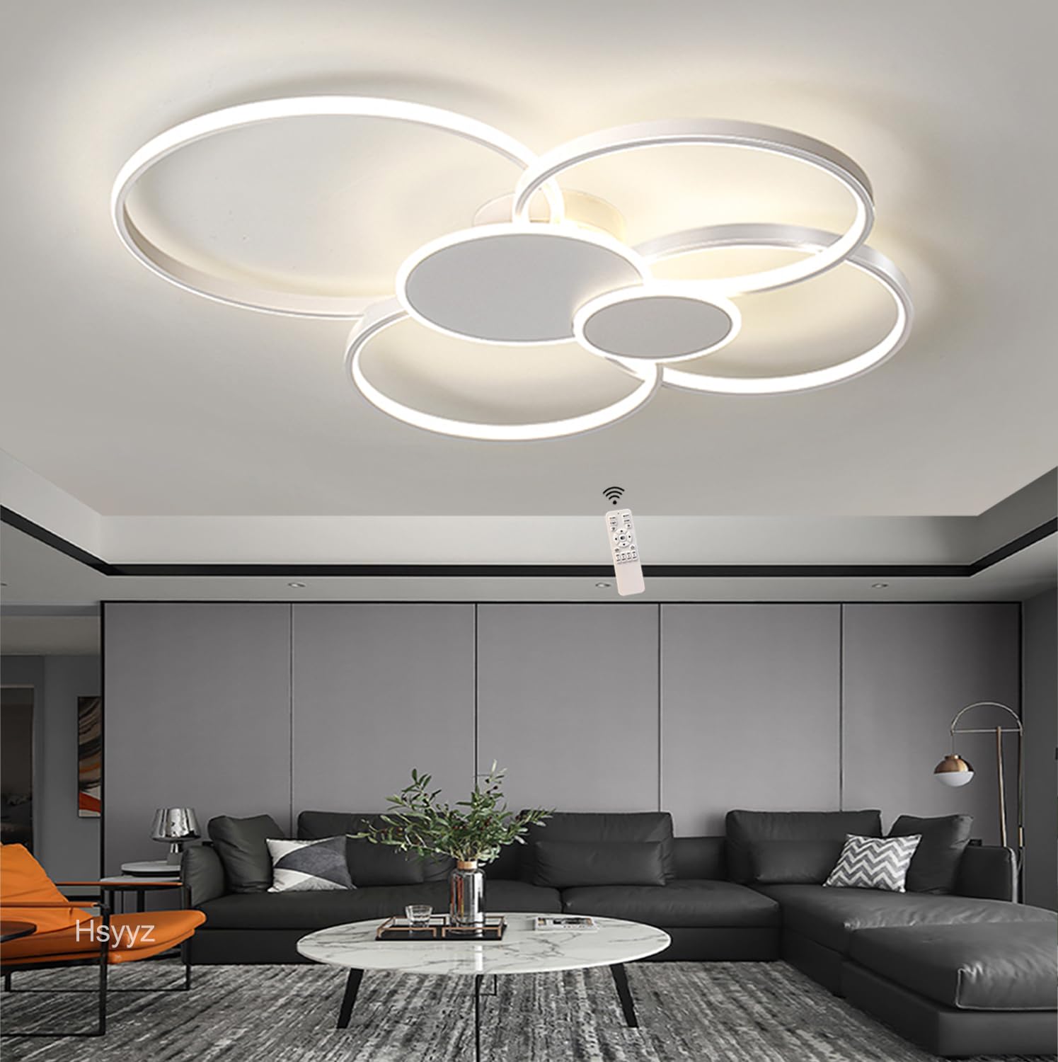 Hsyyz LED Dimmable Ceiling Light with Remote Control Chic Living Room Ceiling Lamp Fixture Creative 6-Ring Design Metal Ceiling Light,Interior Lighting Flush Mount Chandelier (White, L80CM/72W)