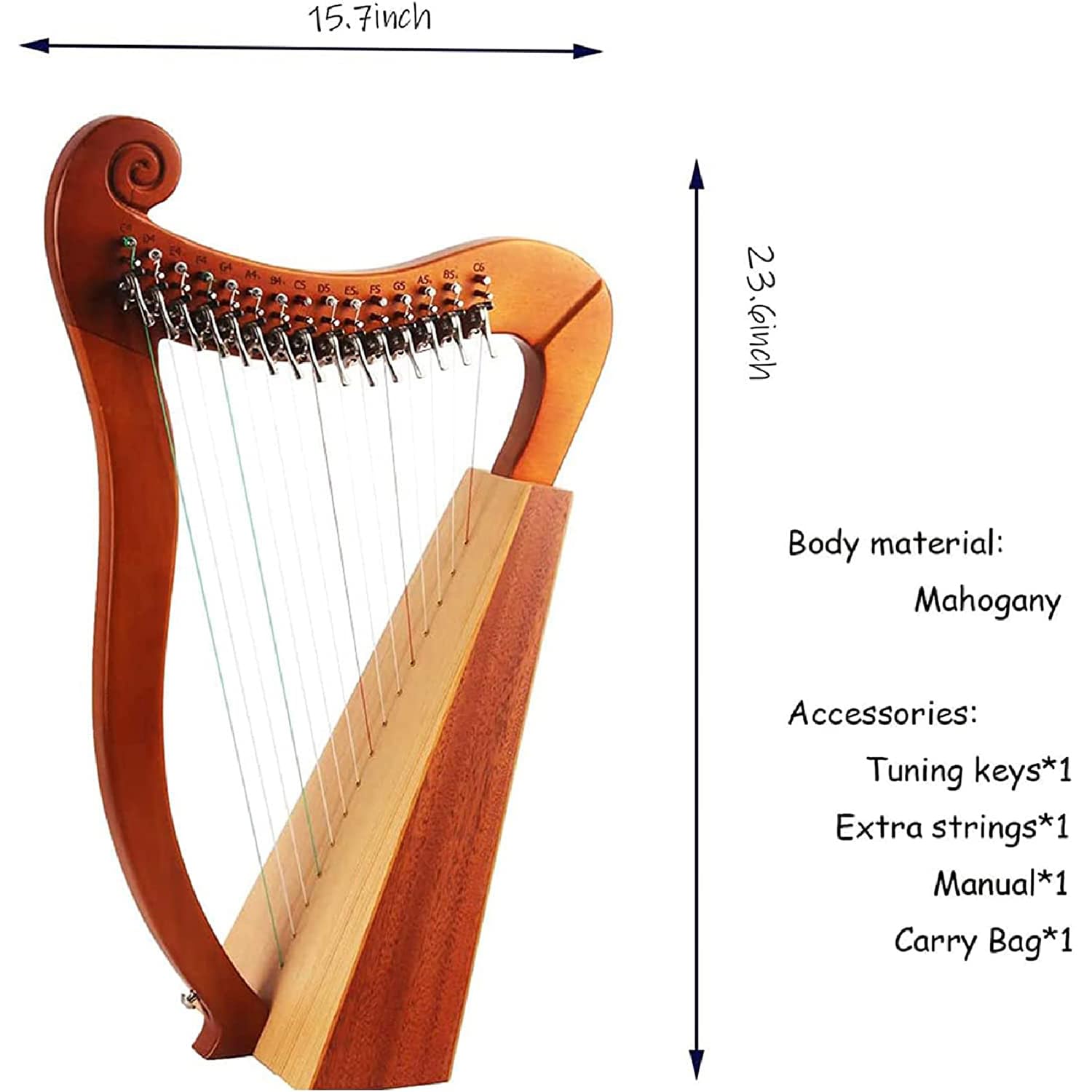 Celtycka harfa irlandzka z kluczem do strojenia, torbą na koncert i strunami zapasowymi, harfa liry dźwigniowej dla dorosłych, dzieci i początkujących, instrument muzyczny
