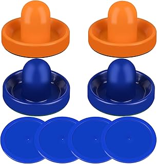 ONE250 Air Hockey Pushers and Blue Air Hockey Pucks, Goal Handles Paddles Replacement Accessories for Game Tables (4 Striker, 4 Puck Pack) (Orange & Blue)