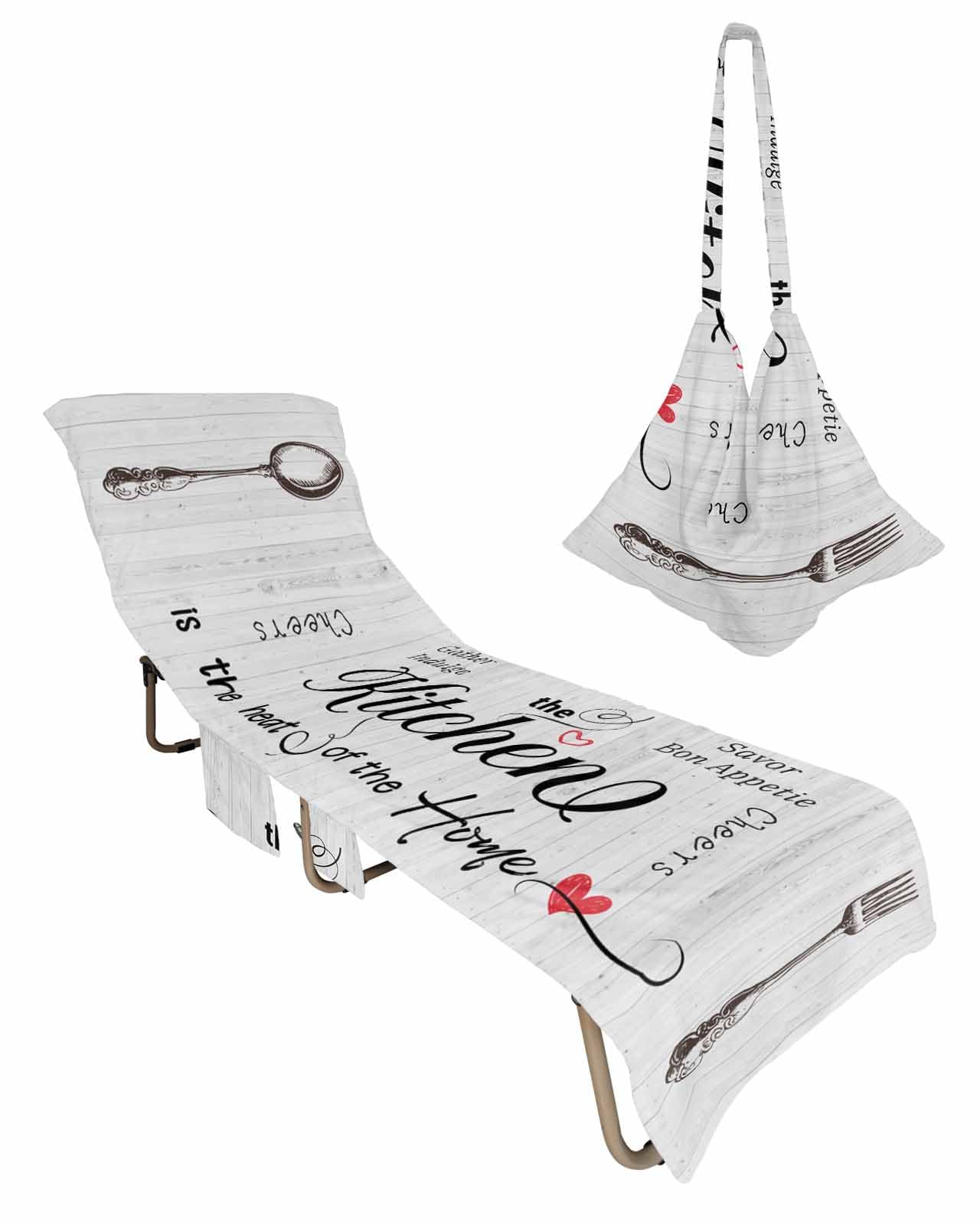 Kitchen Family Quotations Beach Chair Towel Covers for Chaise Lounge with Side Pocket, Soft Plush Pool Towels Cover for Patio Sunbathing Outdoor 29''x85'' Modern Farmhouse Gray