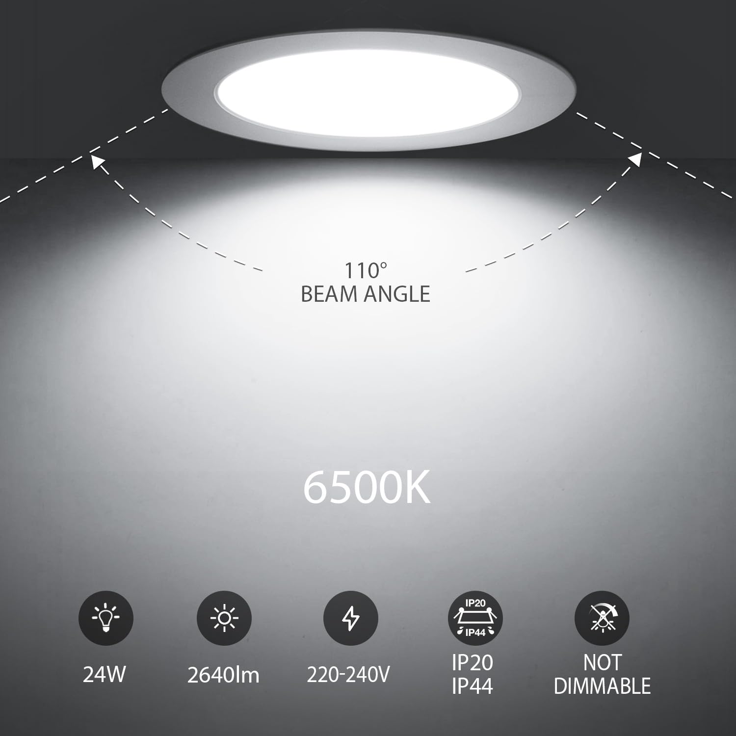 LVWIT Reflektor sufitowy LED do zabudowy, 24 W, reflektory sufitowe, odpowiednik 159 W, 6500 K, zimna biel, φ223 mm, oświetlenie do kuchni, salonu, korytarza, IP20, 6 sztuk