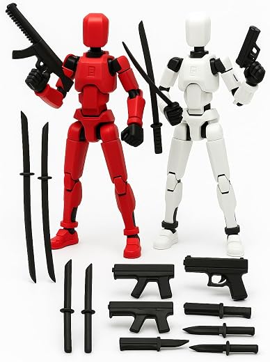 Unscroo 2-Pack Articulated Robot Action Figures (Red & White) | 13-Joint Poseable 3D Printed Desk Toy Set with Accessories | 3D Printed Collectible Mini Figures for Kids & Adults