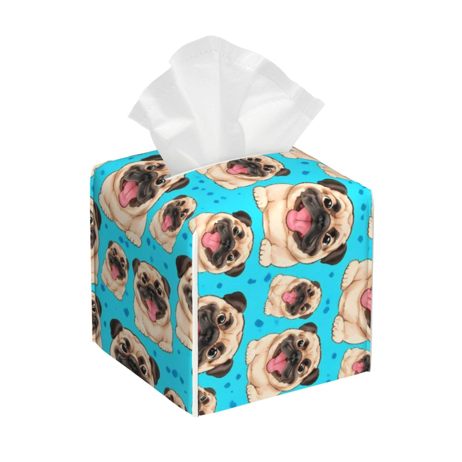 English Bulldog Pug Mint Green Leather Tissue Box Cover Holder Square Facial Paper Organizer 5.2" X 5.2" X 5.2"