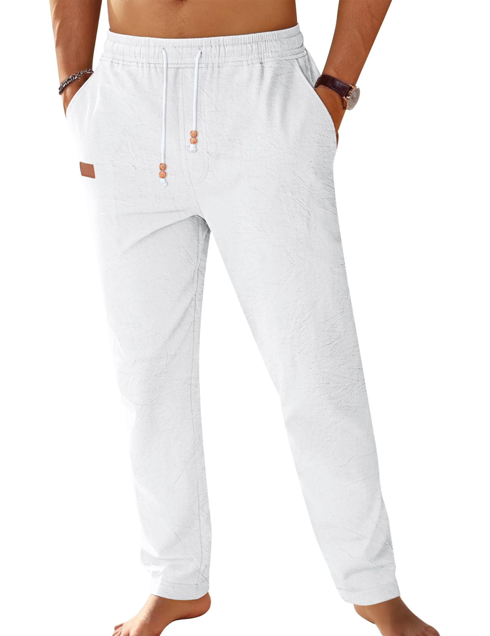 TARAINYA Pantalón Lino Hombre en Mezcla de Algodón y Lino con Cordón Ajustable y Bolsillos Ideal para Practicar Yoga y para la Playa