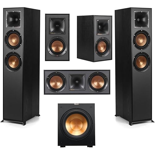 Klipsch Reference 5.1 Home Theater Pack with 2X R-620F Floorstanding Speaker, R-12SW Subwoofer, R-52C Center Channel Speaker and 2X R-41M Bookshelf Speaker, Black