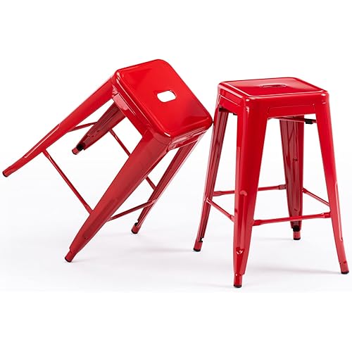 Vogue Furniture Direct 24 Inch Metal Bar Stools, Backless Counter Height Barstools, Indoor Outdoor Stackable Stools with Square Seat, Set of 2 (Red)