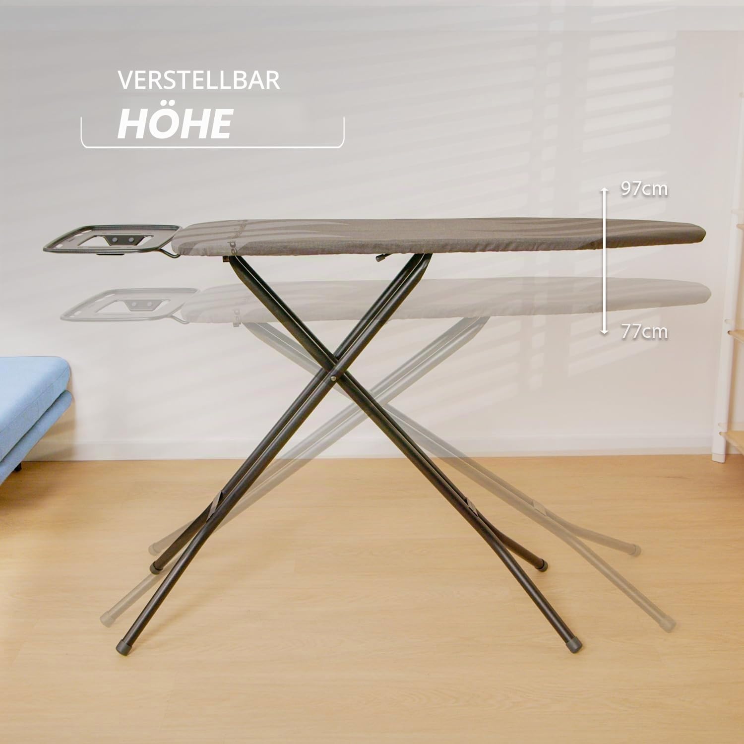 Vileda Bügelbrett TOTAL Reflect Ultimate |extra schnelles Bügeln|extra robust| breite Bügelfläche| höhenverstellbar| XXL‑Ablage| leicht zusammenklappbar| einfache Aufbewahrung| Comfort-Pack