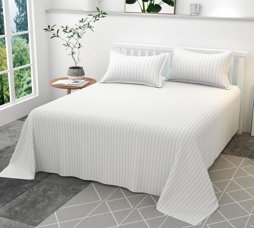 100% Cotton 400 TC Satin Stripes Double Bed Sheet - Premium Hotel Bedsheet and 2 Pillow Covers Set for Hotels, Guest House (White, 90x100 inch)-image-32