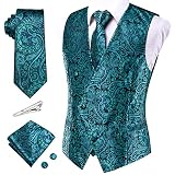 Hi-Tie Teal Paisley Vest Set for Men 5PCS Woven Silk Waistcoat Ties and Pockets Square Cufflinks Tie