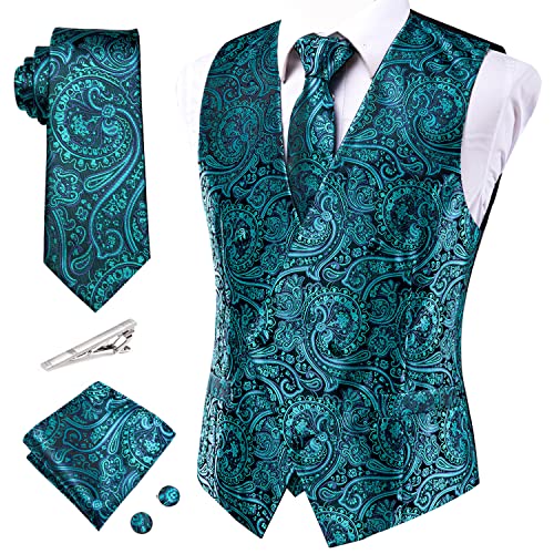 Hi-Tie Teal Paisley Vest Set For Men 5Pcs Woven Silk Waistcoat Ties And Pockets Square Cufflinks Tie Clip Formal Party Suits #TOP21