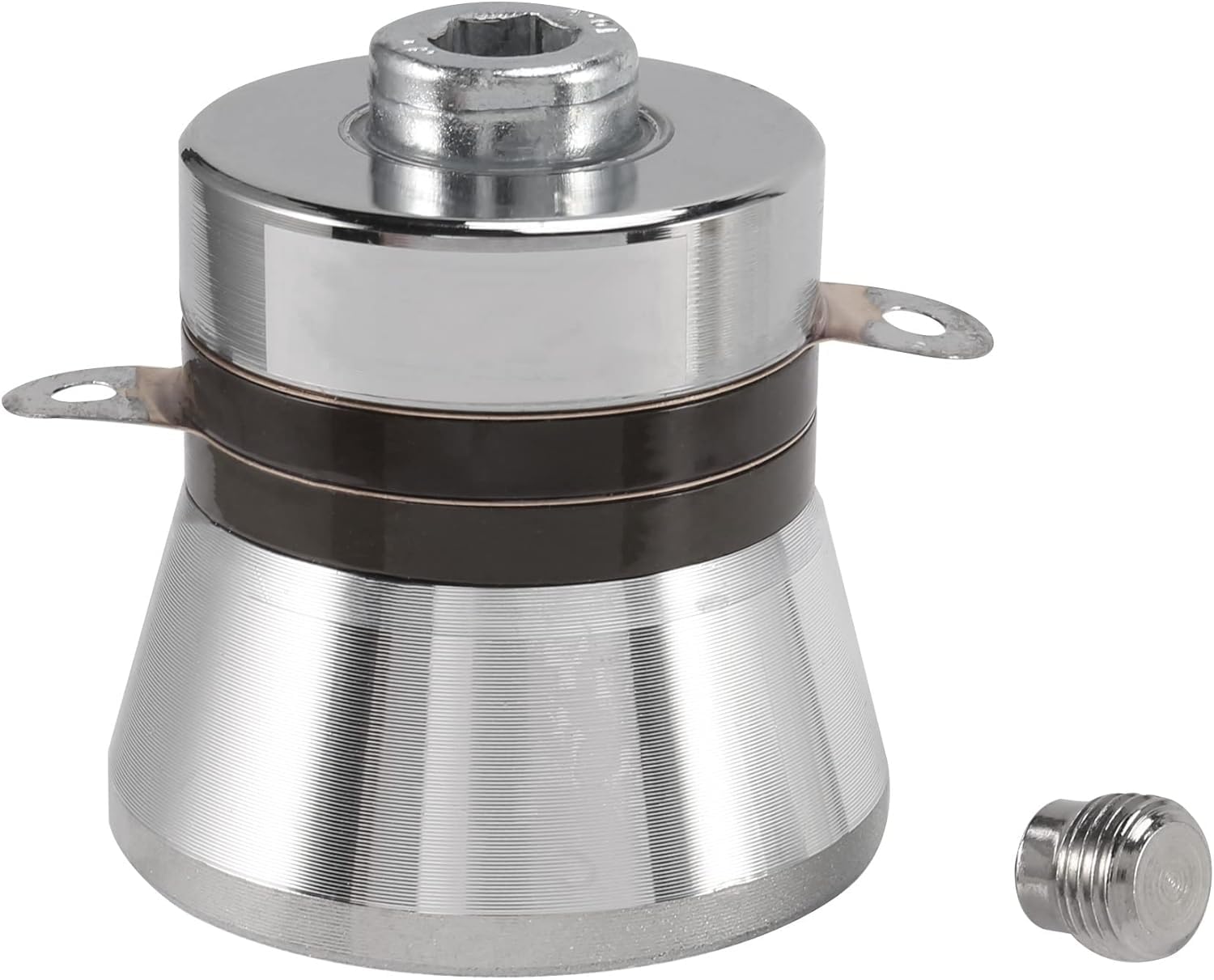 TS-67-28K. Trasduttore a Ultrasuoni 120W – 28 kHz con Perno M8 – Elevatissima Potenza e Capacità 9600 pF. Ideale per Olio, Sporco Ostinato, Materiali Viscosi – Ø67mm in Acciaio.