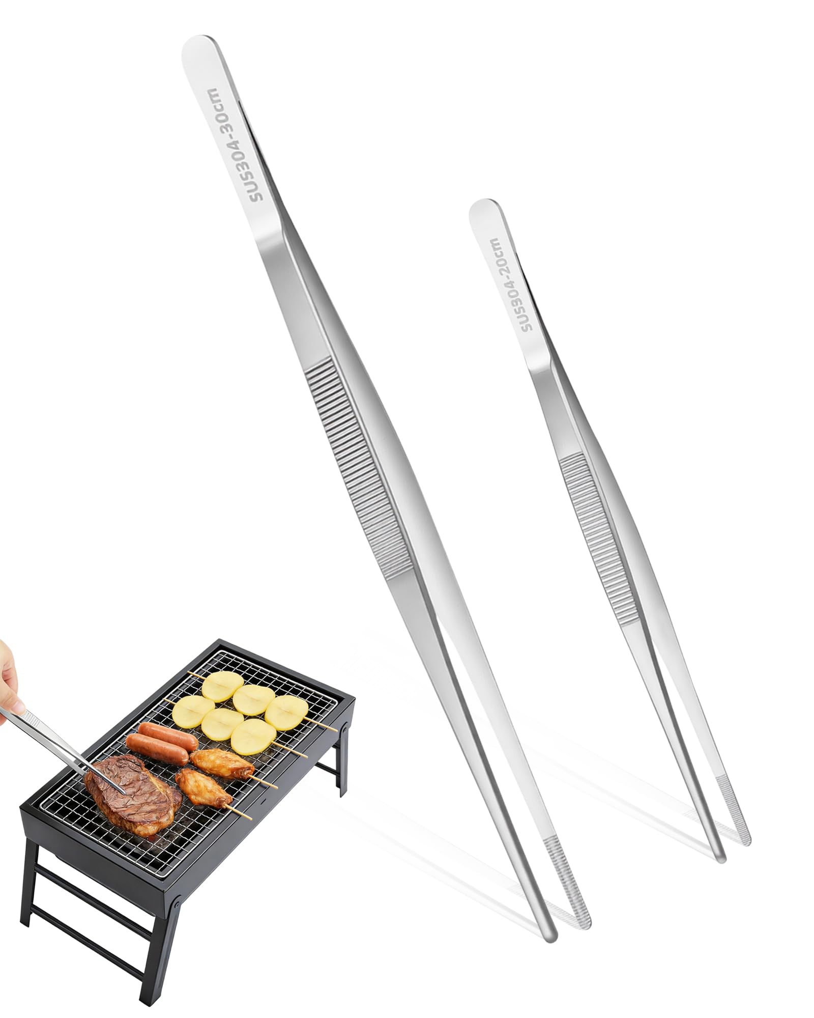 Acual Kitchen Tweezers Tongs 2pcs, Long 304 Stainless Steel Tweezers Tongs Straight Tweezers Multipurpose Tweezer Food Tongs Stainless Steel Steak Clip BBQ Long Tweezer Tongsg, Grilling and Baking
