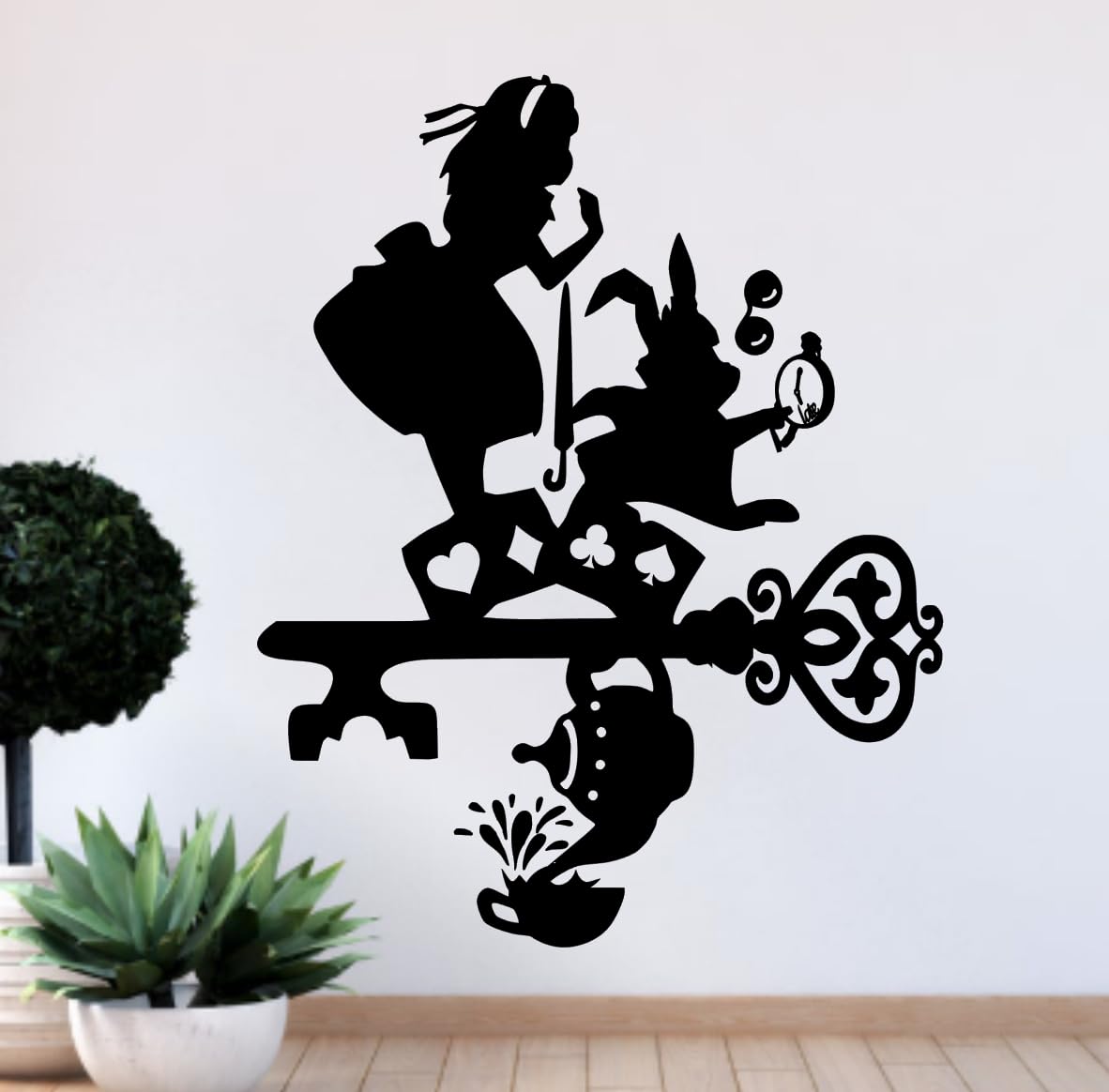 Babc Black Alice In Wonderland And White Rabbit Are Late, Wall Decal, Wall Art, Mirror Art, Mural, Sticker