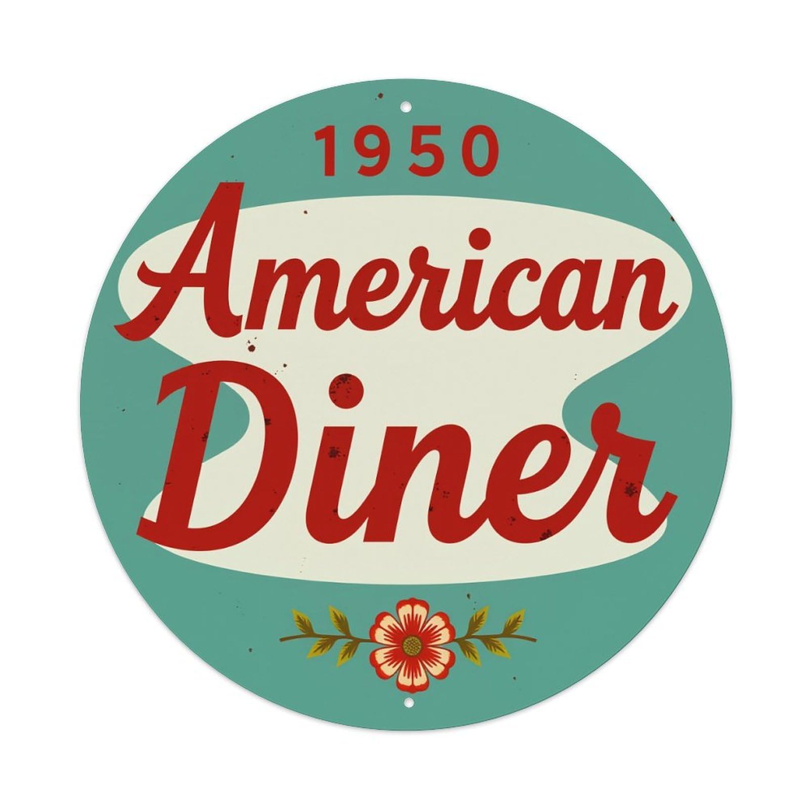 Retro Diner Sign Design Pattern Round Tin Sign Retro Metal Sign for Cafe Bar Pub Home Game Room Gym Club Wall Decoration Vintage Metal Poster 8x8 Inch