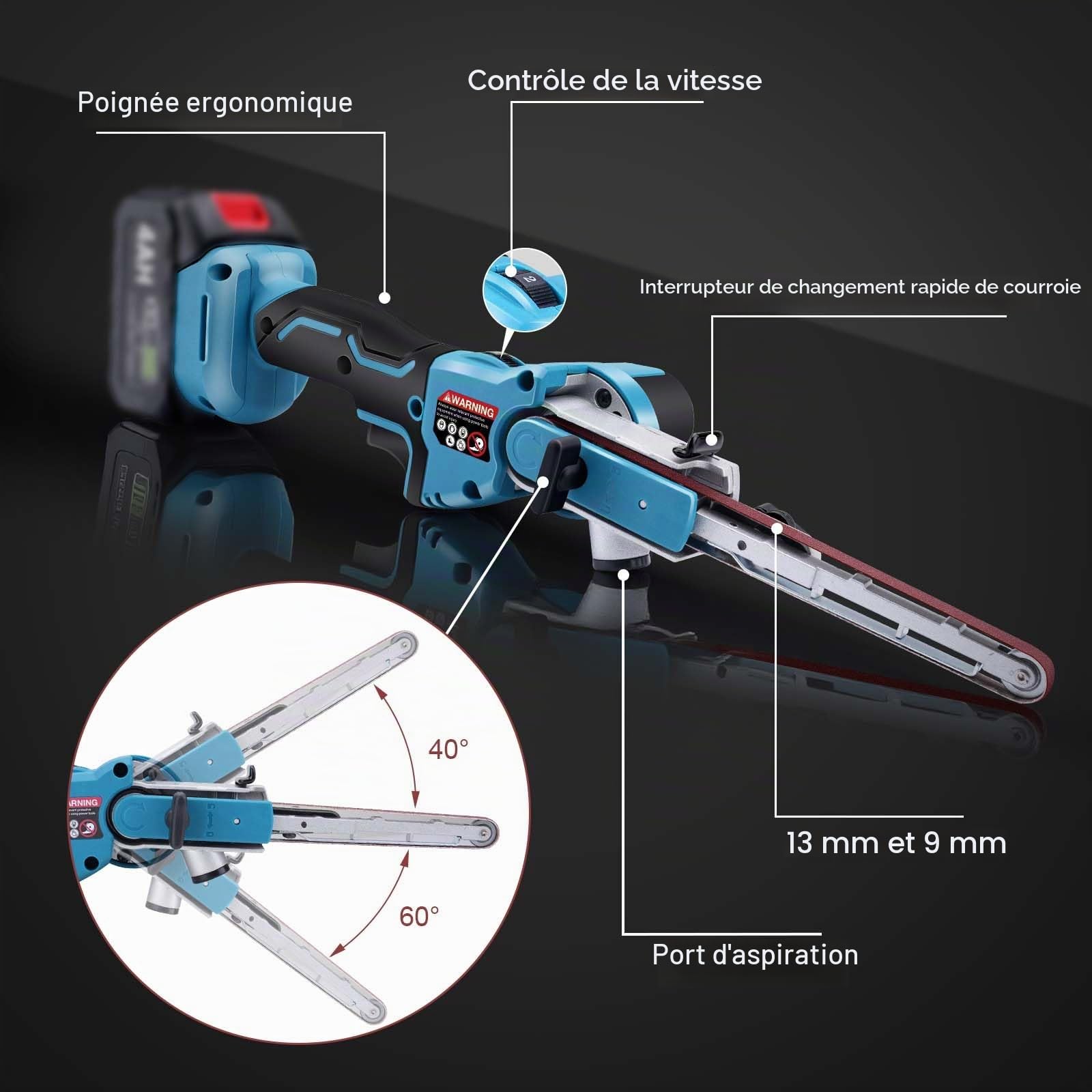 Ponceuse à Bande sans fil avec bras de ponçage de 9 mm et 13 mm | Ponceuse de Détail sans balais compatible avec Makita 18V, 6 vitesses, avec 16 bandes abrasives (40/60/80/120#) pour bois