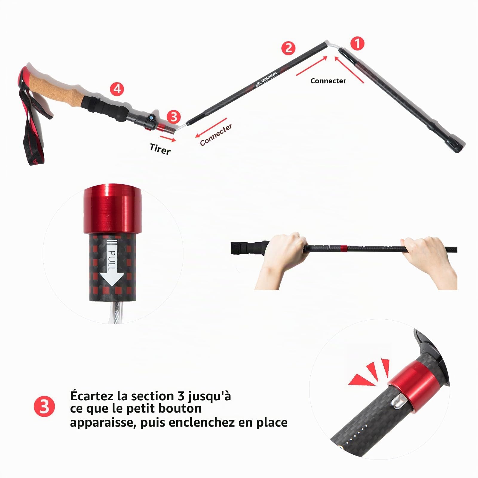 BISINNA Bâtons de randonnée Pliables Carbone 234g | Ultra-léger dès 234g, pointes carbure, accessoires inclus. Pour homme/femme, marche nordique, randonnée alpine.