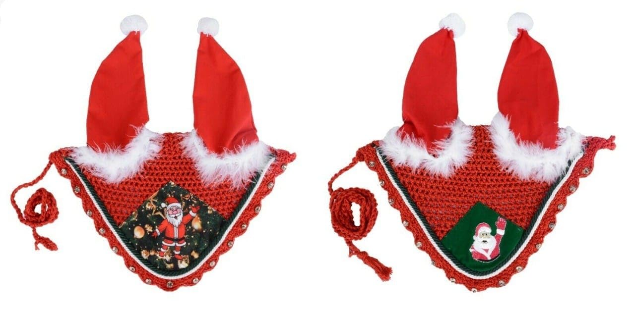 Santa Claus Christmas Horse Fly Bonnet Net Hat Hood Mask Fly Veil Full Hand Made Cotton (Horse/Full, Embroidery)