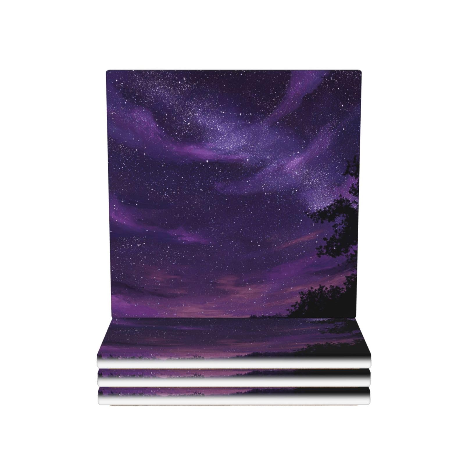 Drink Coasters 4Pcs Round CeramicCoaster with Holder Purple Starry Skys Coasters for Drinks Coffee Cup Mat Heat Resistant Coaster for Tabletop Protection Desk Accessories Office Home Decor