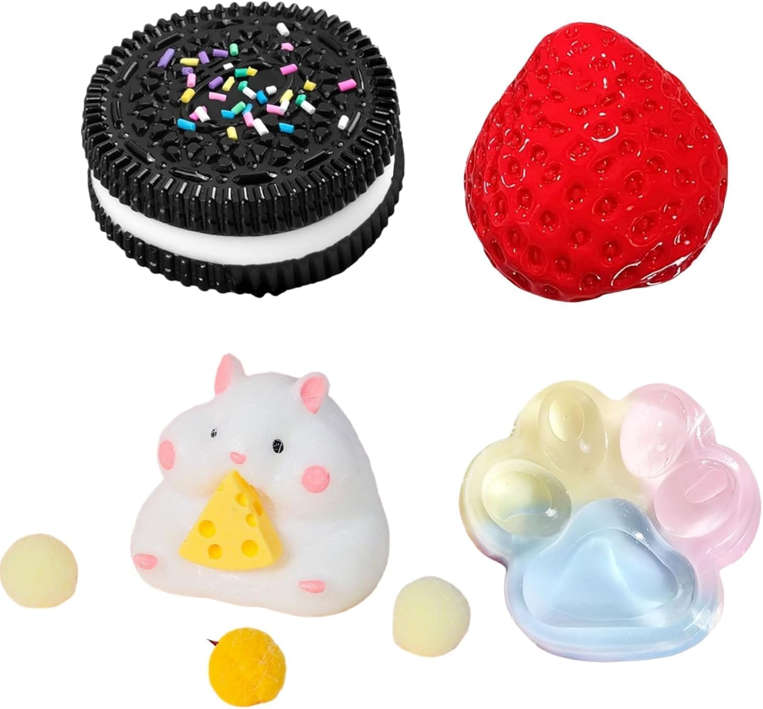 4Pcs Taba Squishy Set, Biscuit Fruit Cat Paw Squishy Squeeze Toy Squishes Kit for Stress Relief Sensory Play Fidget Toys