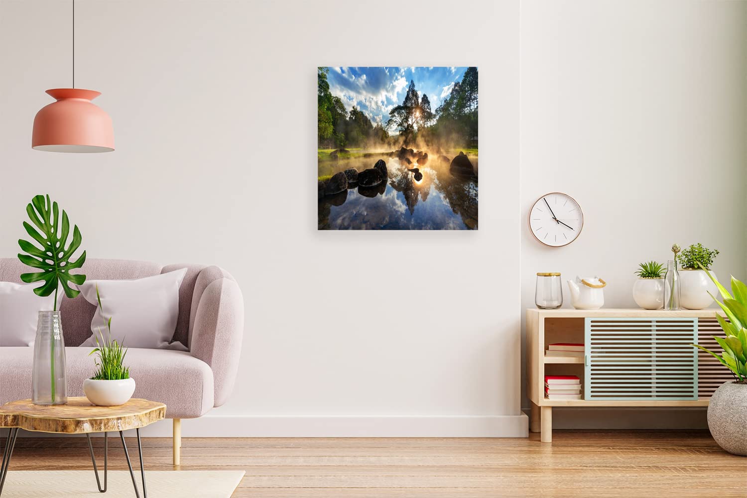 VERRE ART Wood Framed Canvas - Wall Decor for Living Room, Bedroom, Office, Hotels, Drawing Room (14in X14in) - Chae Son Hot Spring Park Sunrise