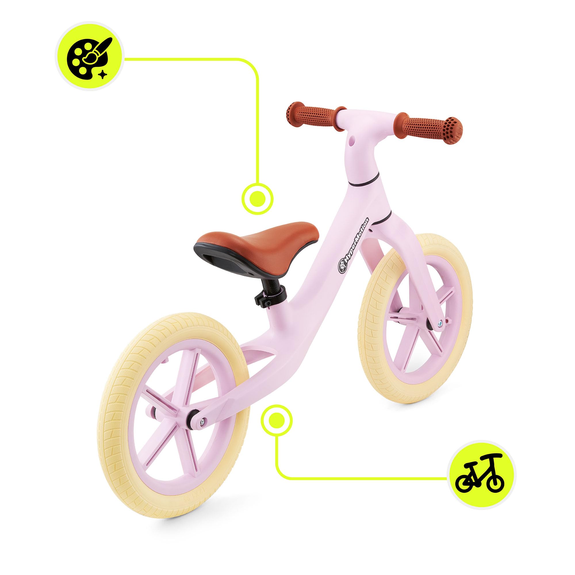 HyperMotion Marcelo Bicicletta Senza Pedali Balance Bike 12 Pollici con Ruote PU Antiforatura, Sella Regolabile e Bloccasterzo, per Bambini da 18 Mesi, Resistente fino a 50 Kg, Montaggio Facile, Rosa