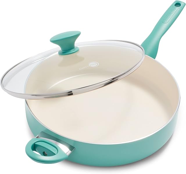 GreenPan Rio Healthy Ceramic Non-Stick 30 cm/4.8 Litre Sauté Pan Jumbo Cooker with Helper Handle and Lid, PFAS-Free, Turquoise