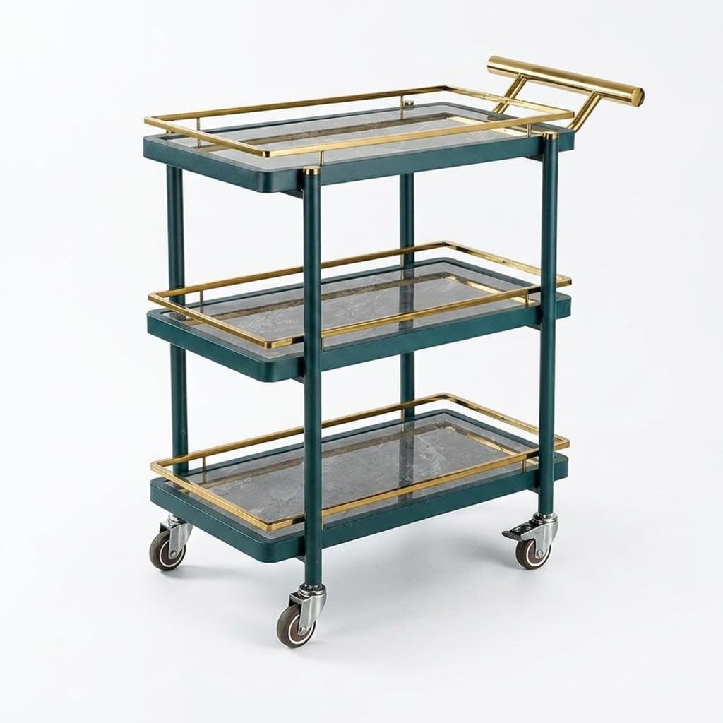 Carrito Auxiliar con Ruedas Silenciosas, Camarera Servicio 3 Niveles, Mueble y Vidrio, Verde Oscuro