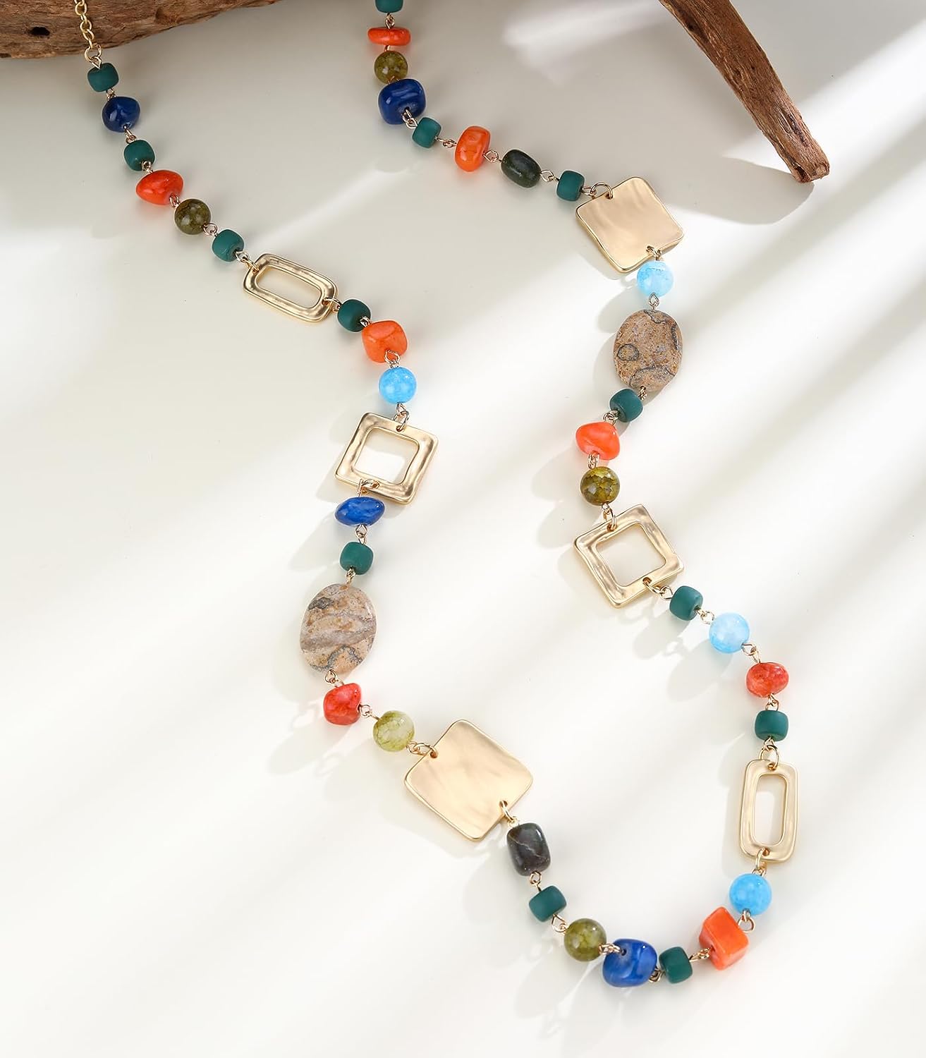 BULINLIN Long Gold Necklaces for Women - Boho Natural Stone Beaded Strand with Chunky Geometric Squares Trendy Statement Jewelry Gifts