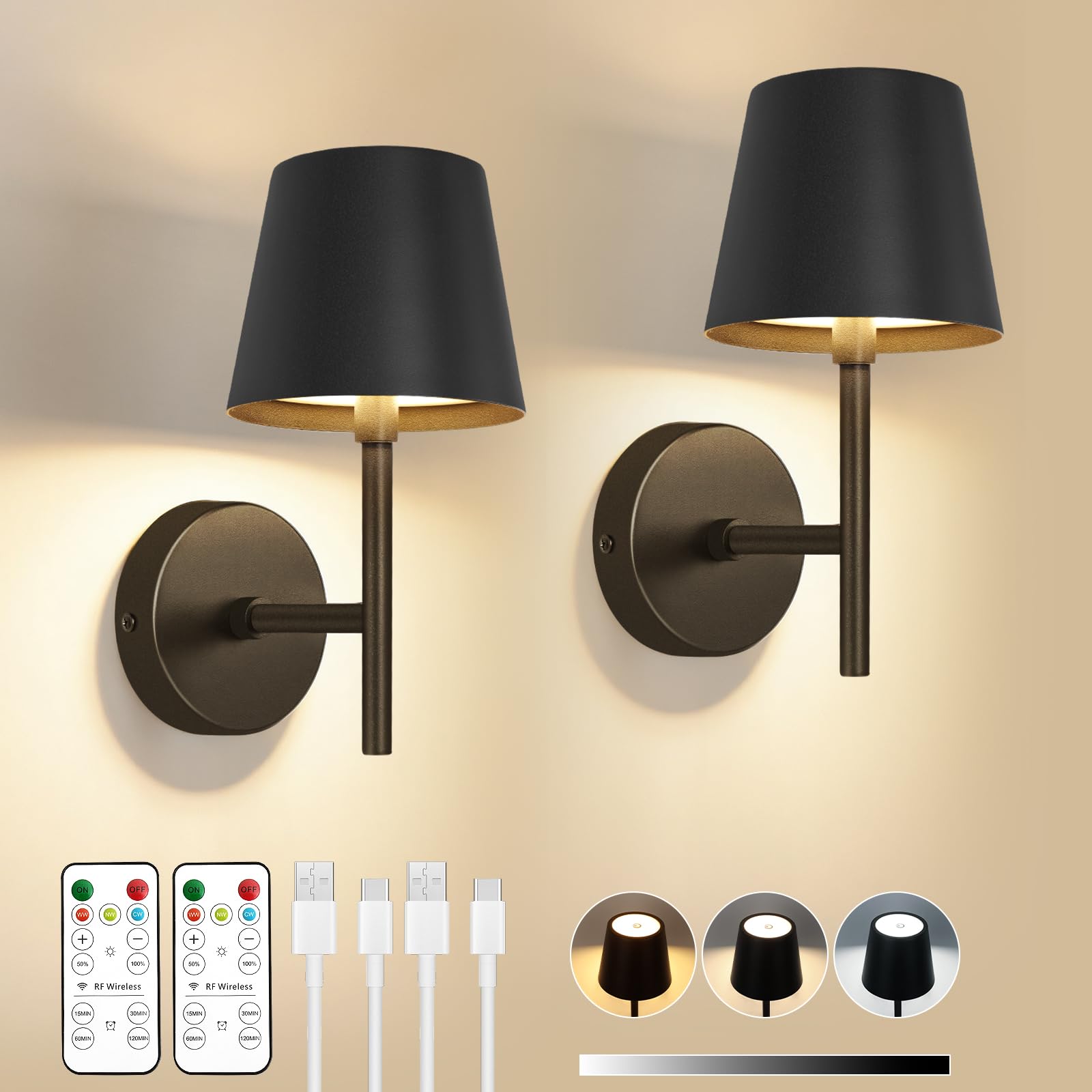 Dehobo Rechargeable Wall Lights Set of 2, Battery Operated Wall Lights Dimmable 3 Colors with Remote, 5200mAh Metal LED Wireless Wall Lamps for Bedroom, Dining, Hallway, Staircase, Night Light, Black