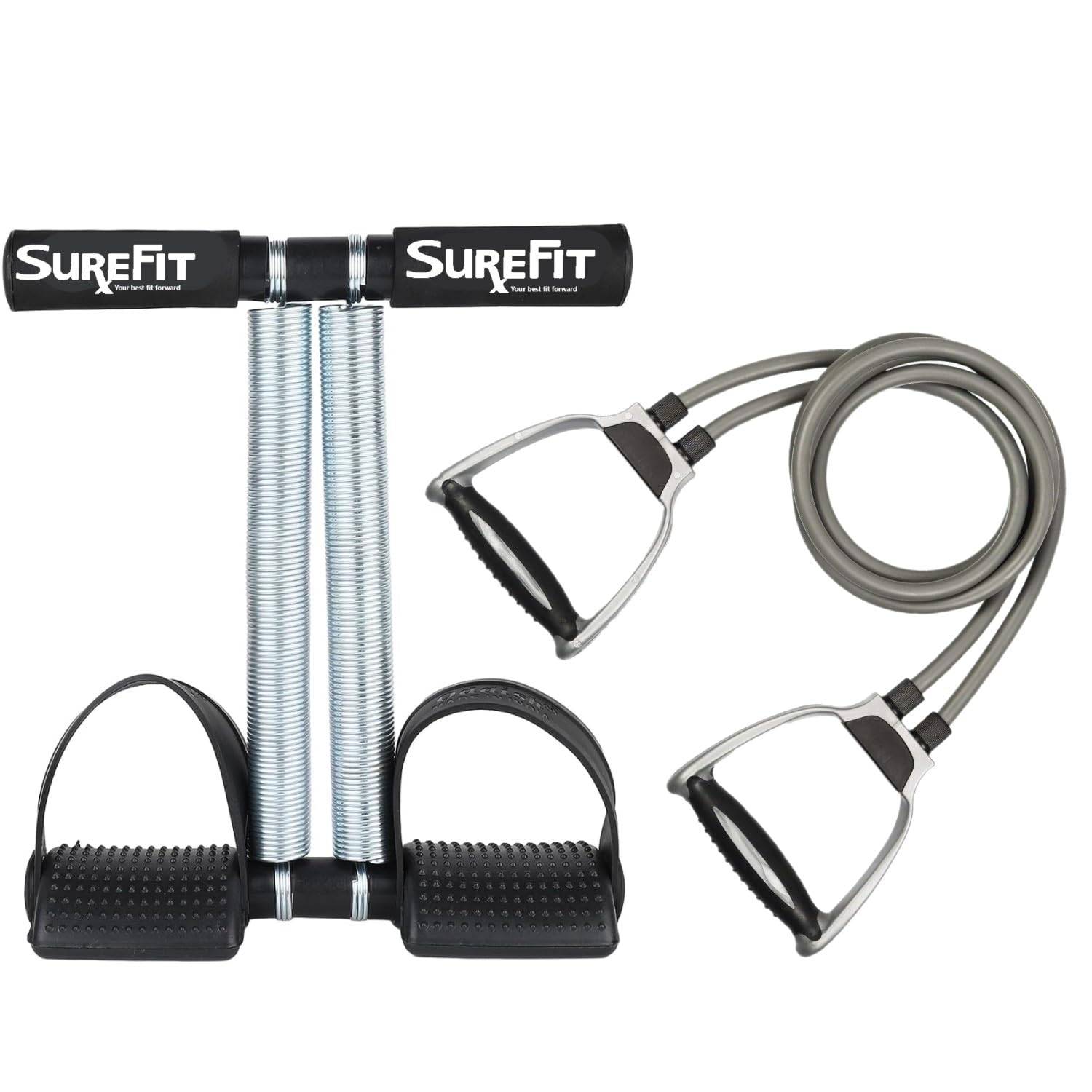 SUREFIT Tummy Trimmer for Men & Women – Double Spring Ab Exerciser with Foam Handle & Resistance Band – Full Body Fitness Combo Tool Kit for Abs, Legs, Arms, Chest & Home Gym Workout (BLACK)